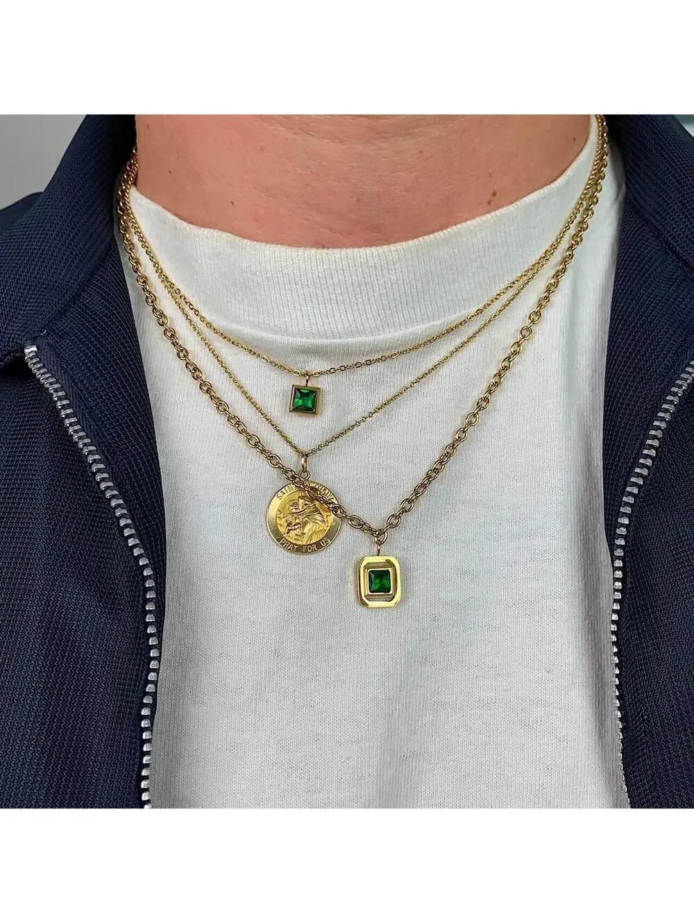 Vintage Style Classy Double Gold Chain Green jewel opal pendant necklace. Gold